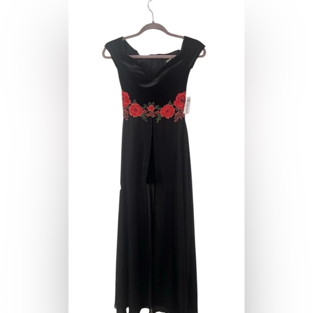 New B Darlin Velvet Top Rose Embroidered Pant Jumpsuit Mesh Bottom sz 1/2